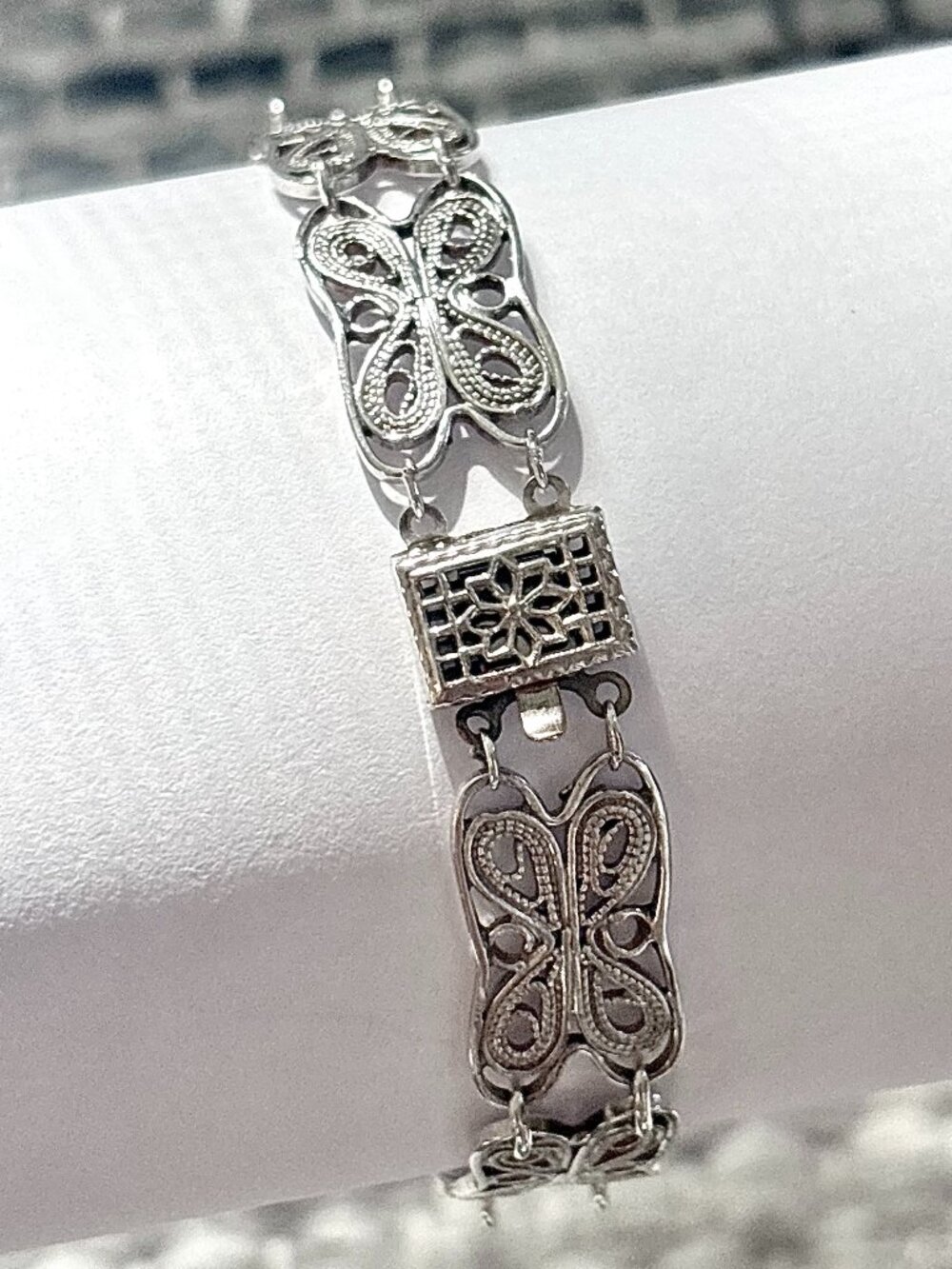 VTG Polish Sterling Silver 925 Filigree Butterfly Panel Link Bracelet
